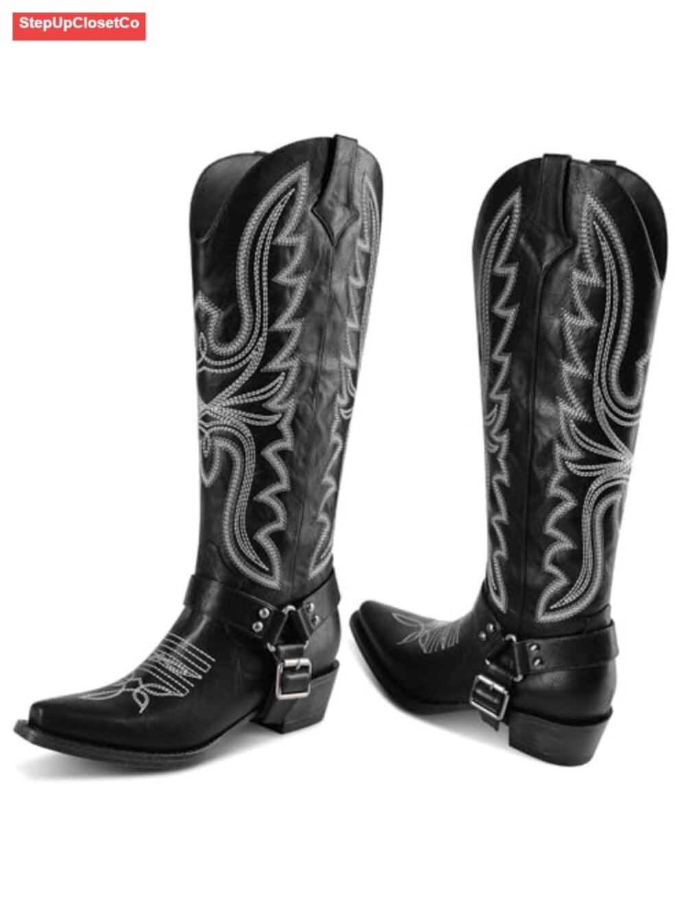 Knee High Western Cowboy Boots Faux Leather Pull On Block Heel